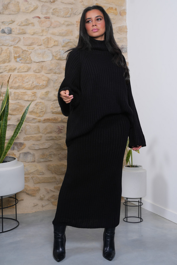 Ensemble 2 pièces pull + jupe en maille noir