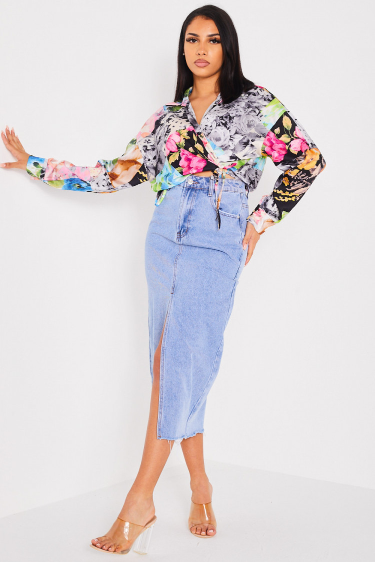 Jupe large en jean bleu fendu