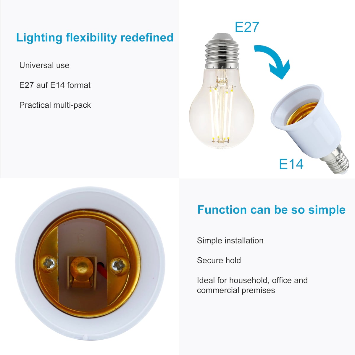 Lampeadapter for omformatering av 4x sett (E14 til E27)