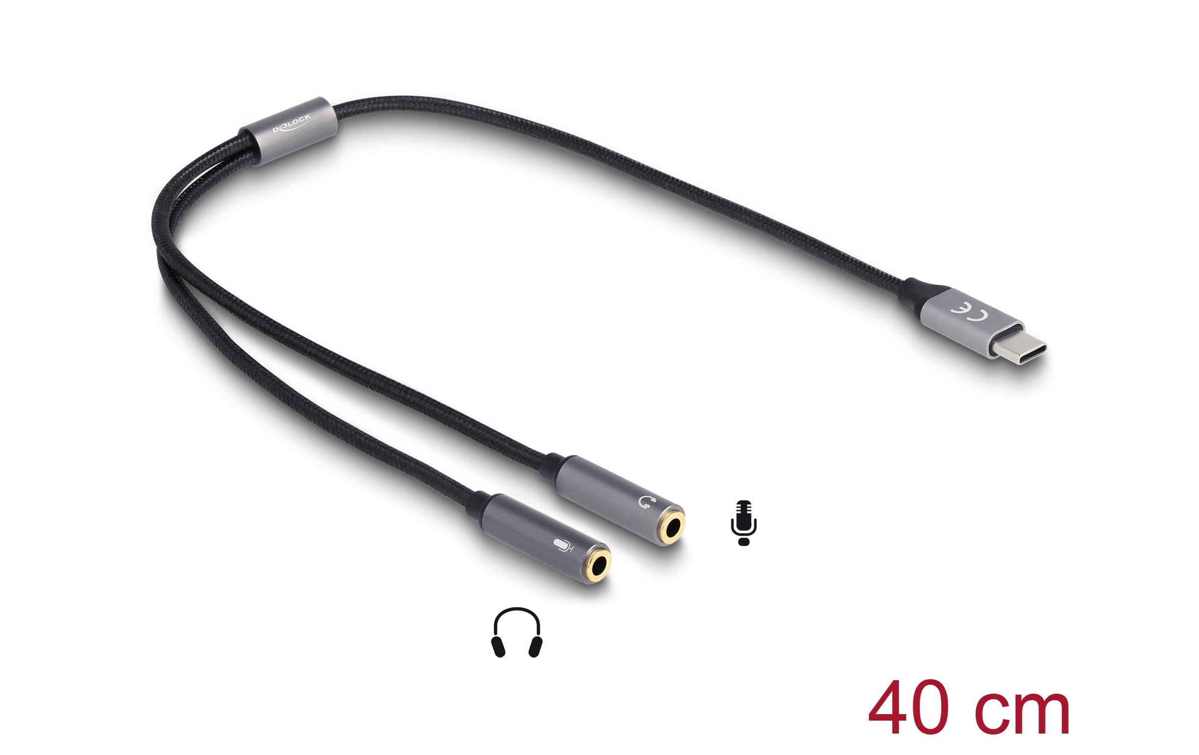 Headset DAC 24 Bit / 96 kHz USB-C - 3.5 mm KlinkeDelock Headset Adapter USB Type-C Stecker DAC 24 Bit / 96 kHz Hi-Res zu 2 x 3.5 mm 3 Pin Klinkenbuchse