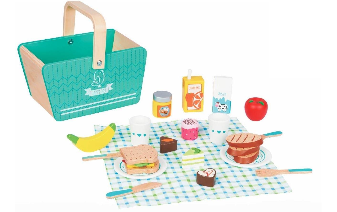 Spiel-Lebensmittel Picknick-Korb aus Holz mit ZubehörHölzernes Picknickkorb-Set mit 25 Zubehörteilen