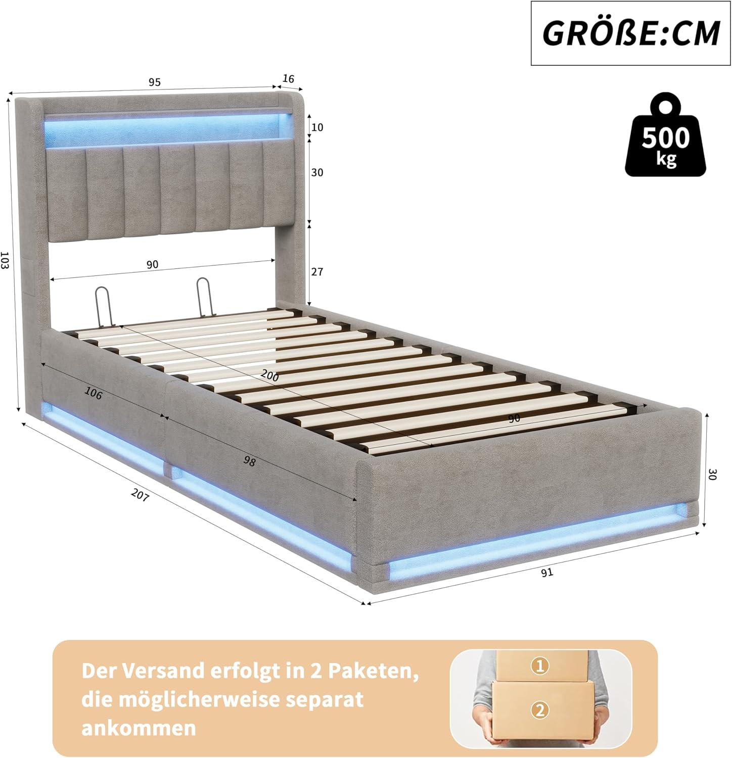 Polsterbett Einzelbett 90x200 cm, Hydraulisch Stauraumbett Bett mit Stauraum Kopfteil, Bettgestell mit Lattenrost, Jugendbett Funktionsbett mit USB und Typ-C Ladefunktion, Ohne Matratze(Grau)