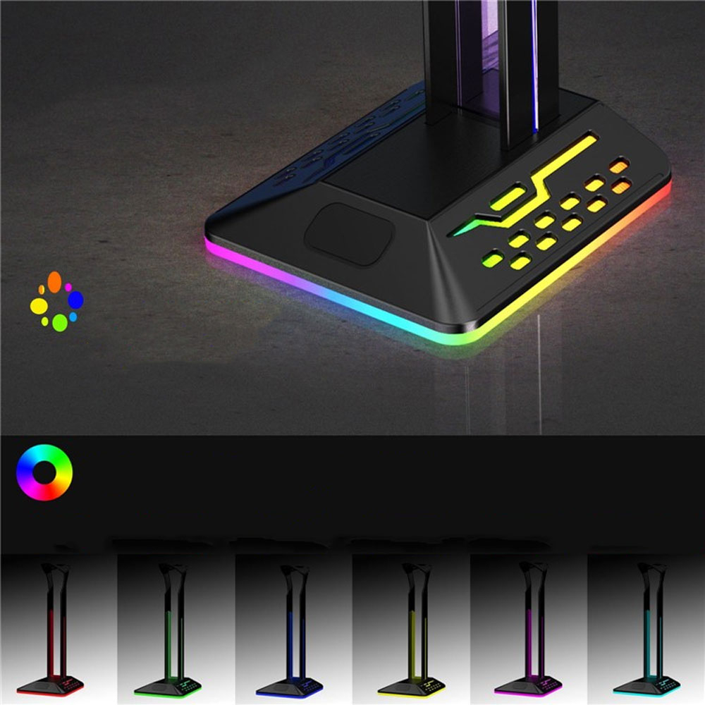 Gaming Kopfhörer Halterung Ständer für Over-Ear Headset mit 2x USB A Anschluss   RGB Beleuchtung - Schwarz