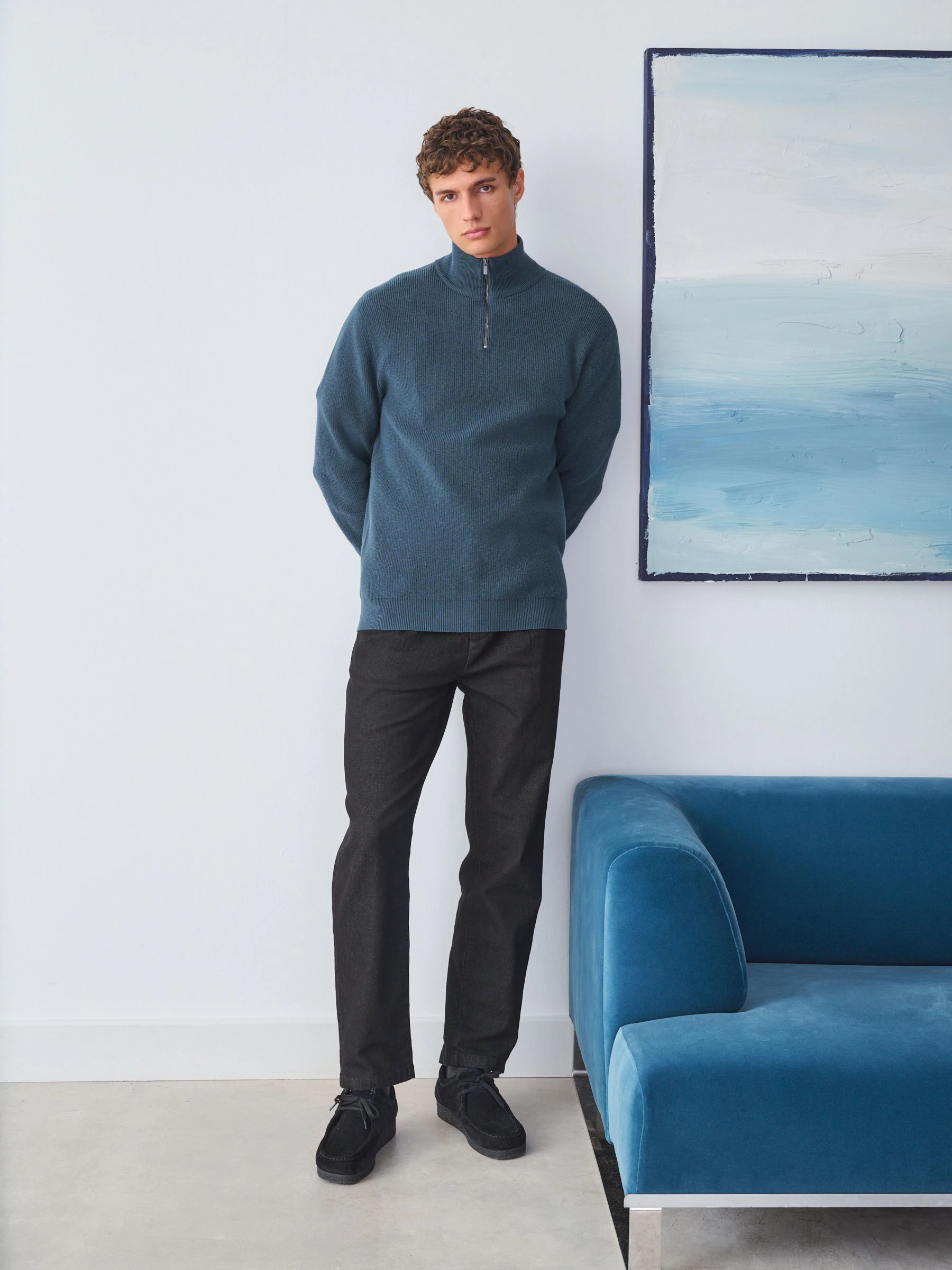 Blauwgroen - Essential geribbelde trui met korte rits en Regular fit