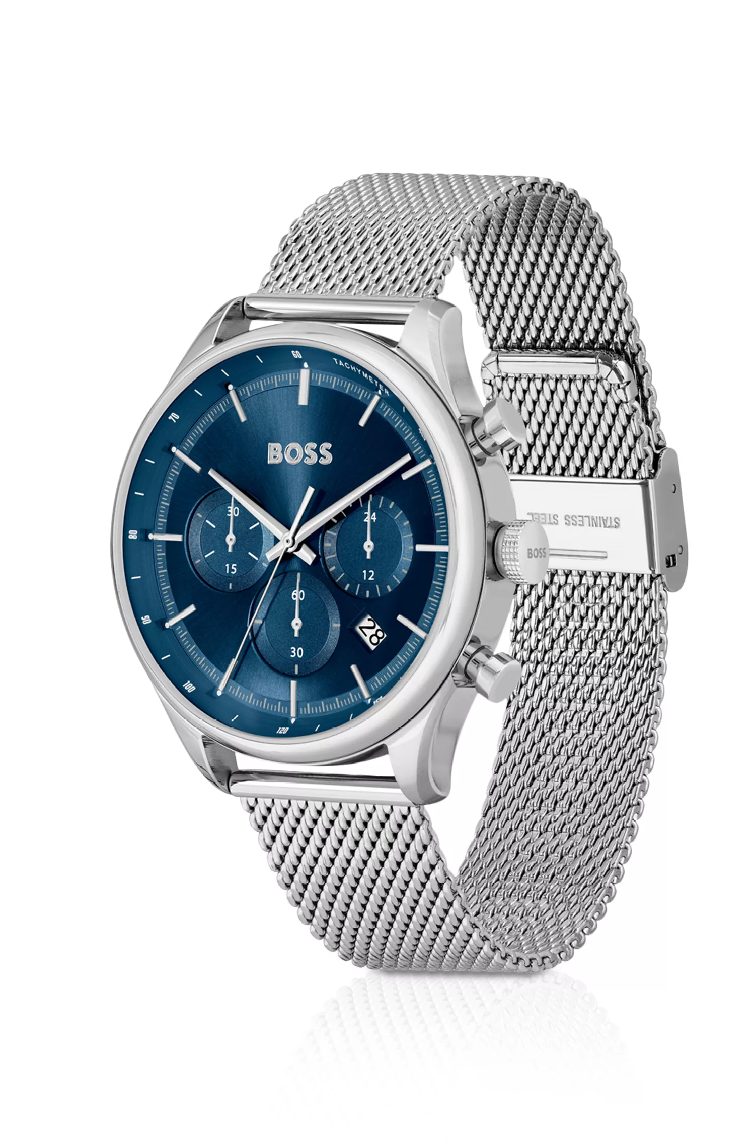 Relógio cronógrafo BOSS com mostrador preto e azul e pulseira de malha.