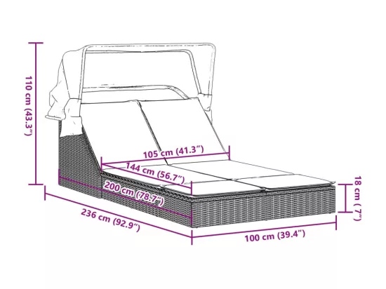 Chaise longue double avec auvent et coussins gris clair rotin