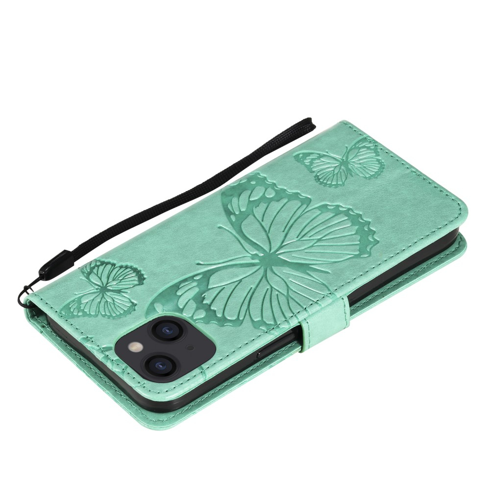 iPhone 13 Leder Tasche mit Kartenfach   Handschlaufe Schmetterling - Türkis