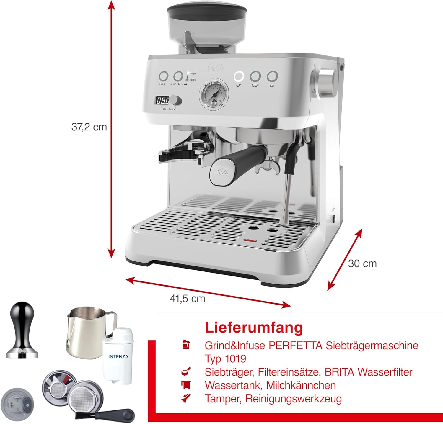 Solis Grind & Infuse PERFETTA Espressomaschine, Kaffeemaschine mit Mahlwerk und Milchaufschäumer, Halbautomatische Kaffeemaschine mit abnehmbaren Wassertank, Heißwasser- und Dampffunktion, Silber