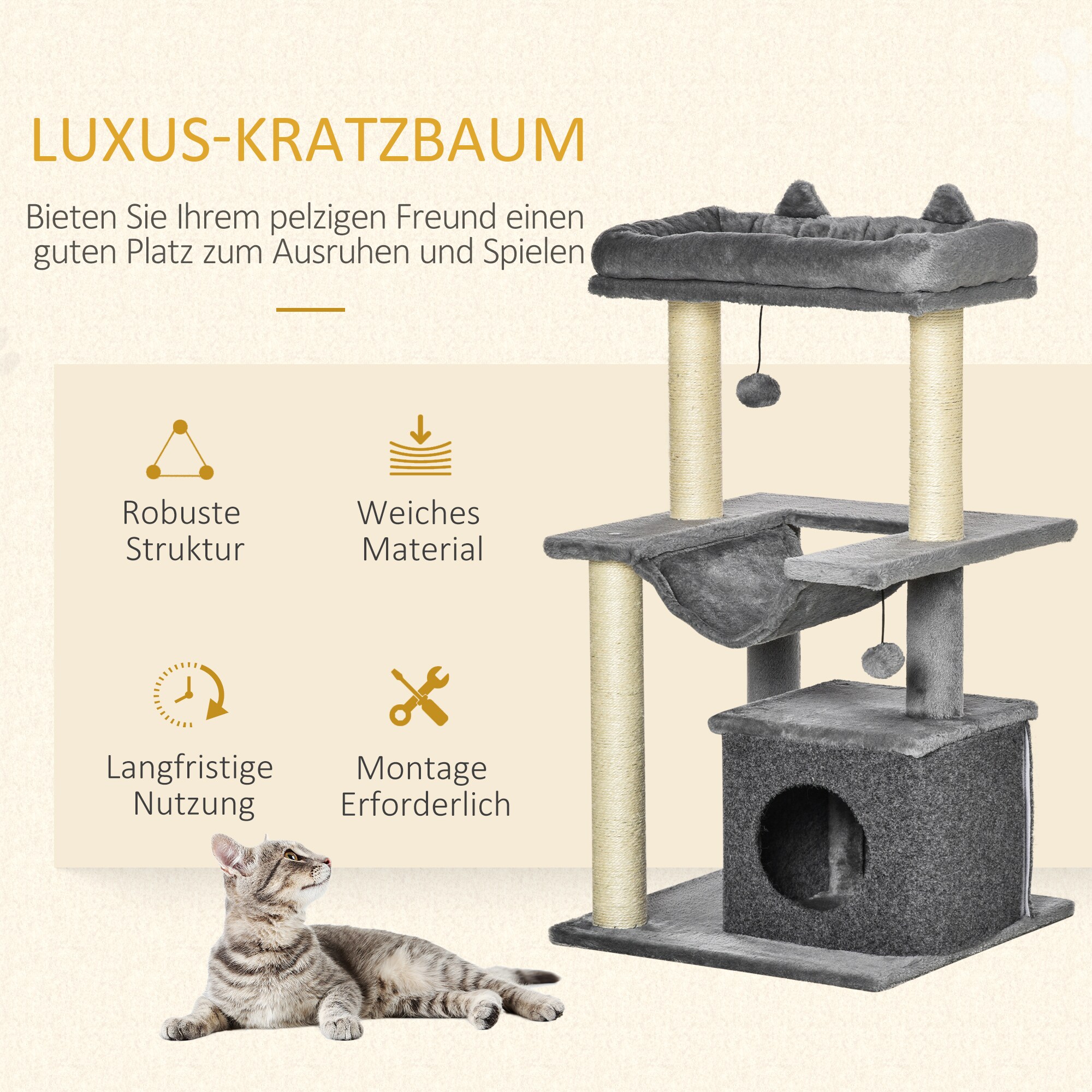 PawHut Kratzbaum mit Höhle grau 48L x 48B x 100H cm