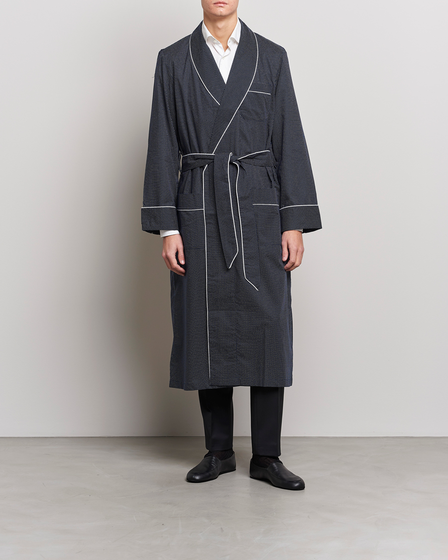 Derek Rose Polka Dot Cotton Satin Dressing Gown Navy