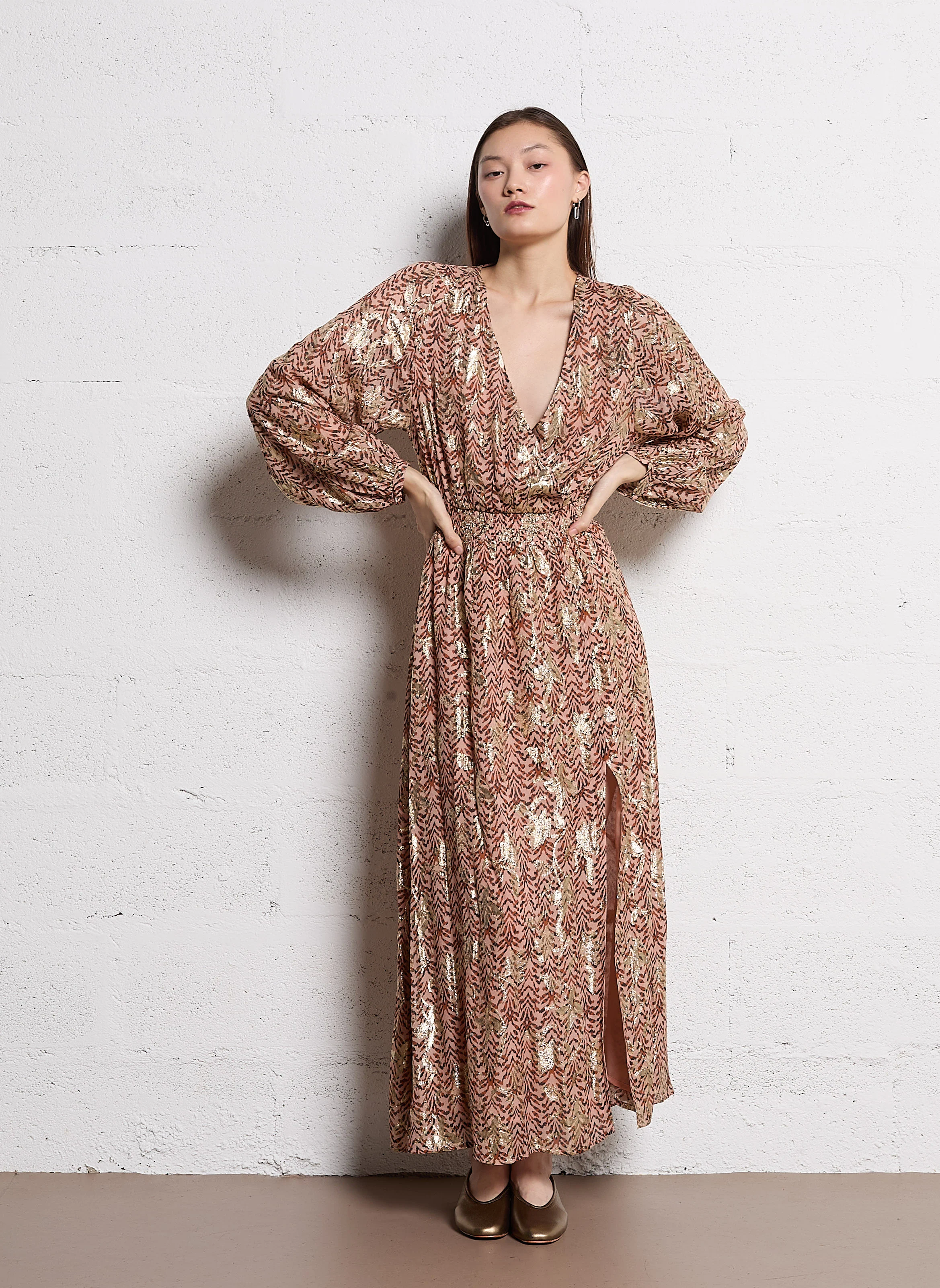 REBECCA - Robe longue col V| Beige