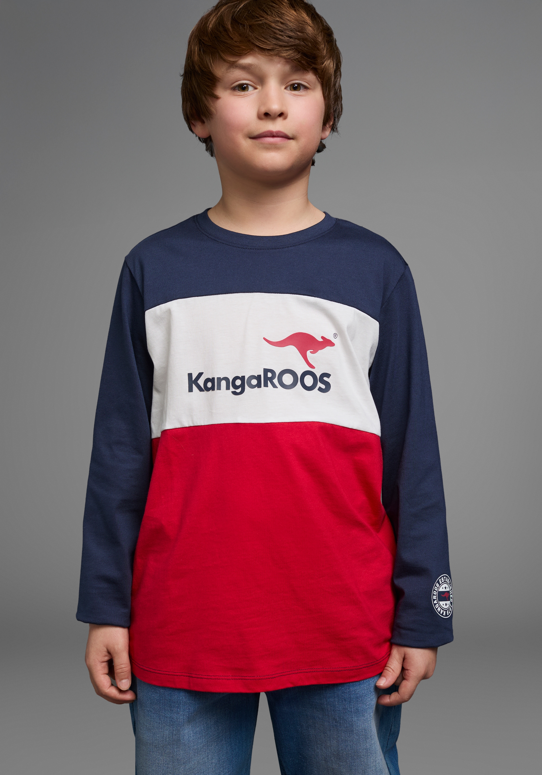 KangaROOS Langarmshirt »Im tollem Colorblocking-Design«, Langarm,  Basic-Passform,  mit auffälligem Druck