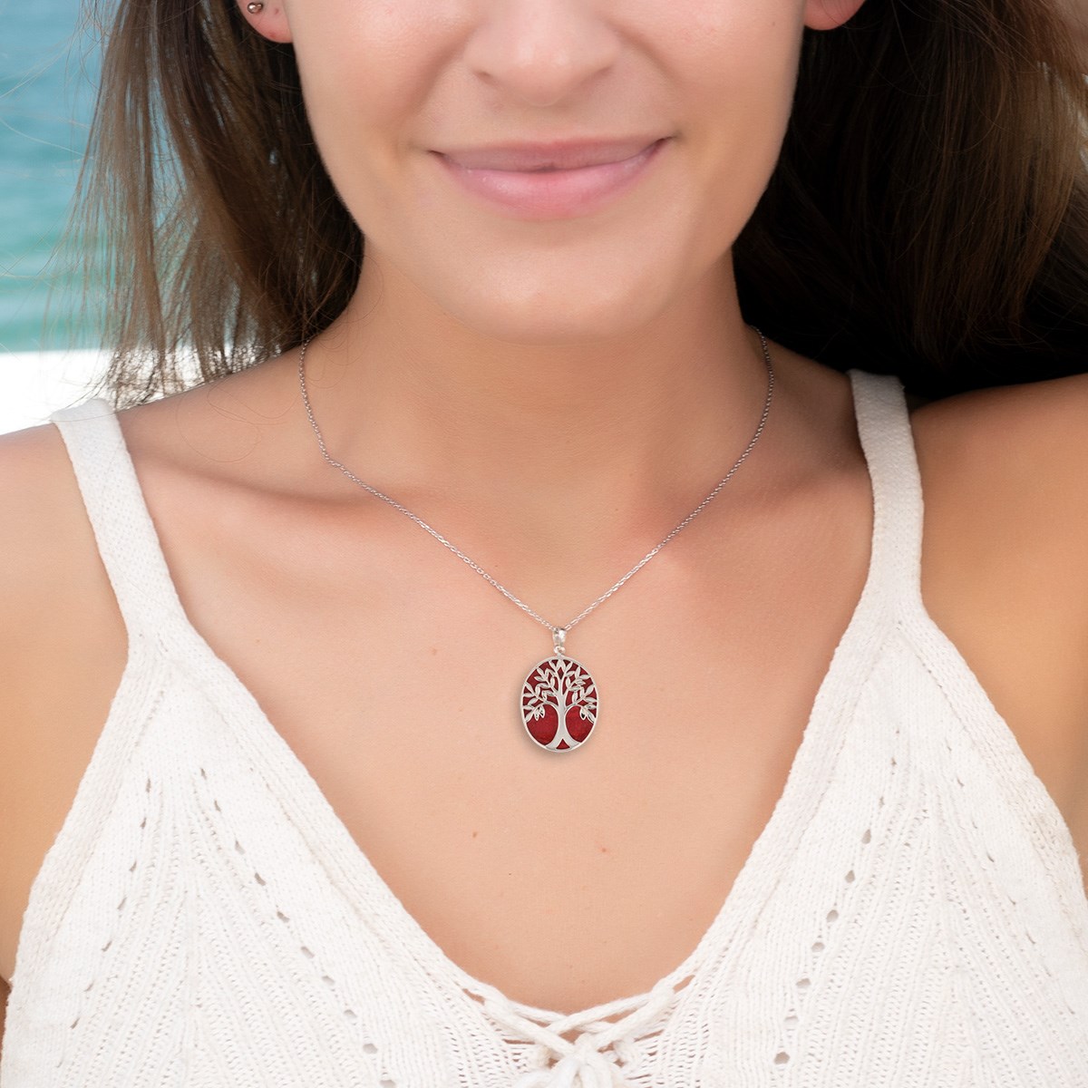 Pendentif Arbre de Vie en Corail avec Sertissage en Argent 925 et Chaîne argent Incluse | Aden