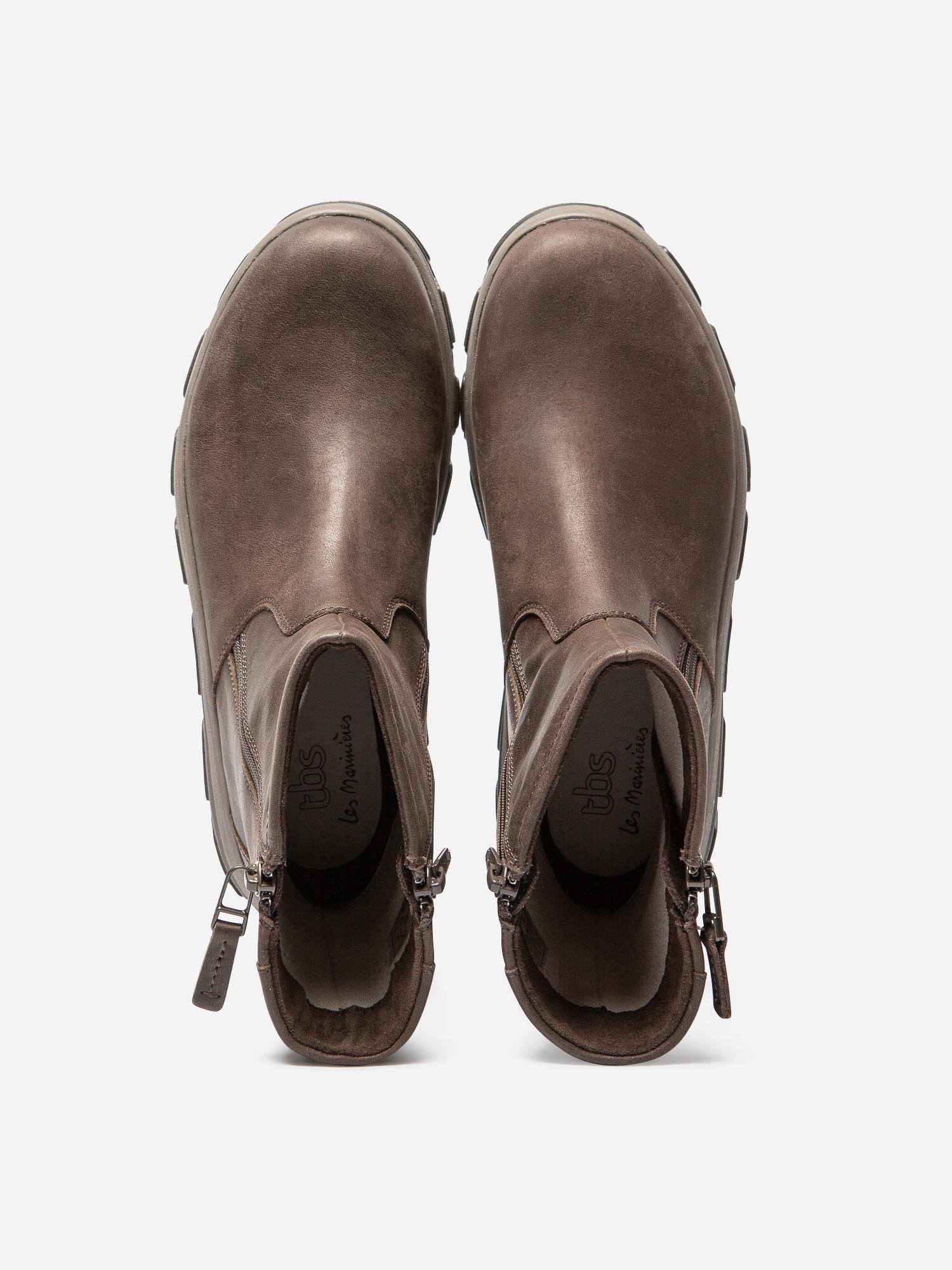 Boots Femme Double Zip Semelle Crantée Cuir Marron