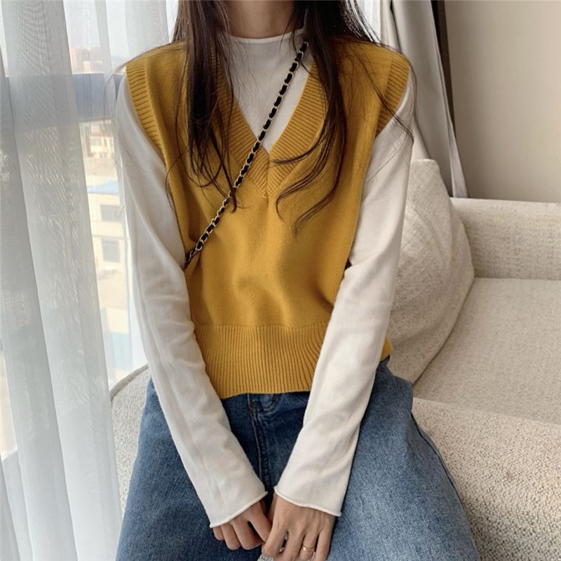 Closette - Top met lange mouwen en mock-neck / V-hals gebreid vest