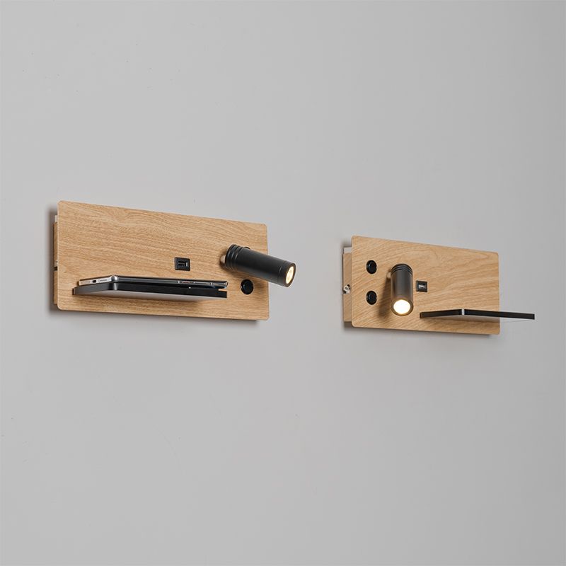 Set van 2 wandlamp zwart met hout incl. LED met USB en inductielader - Riza