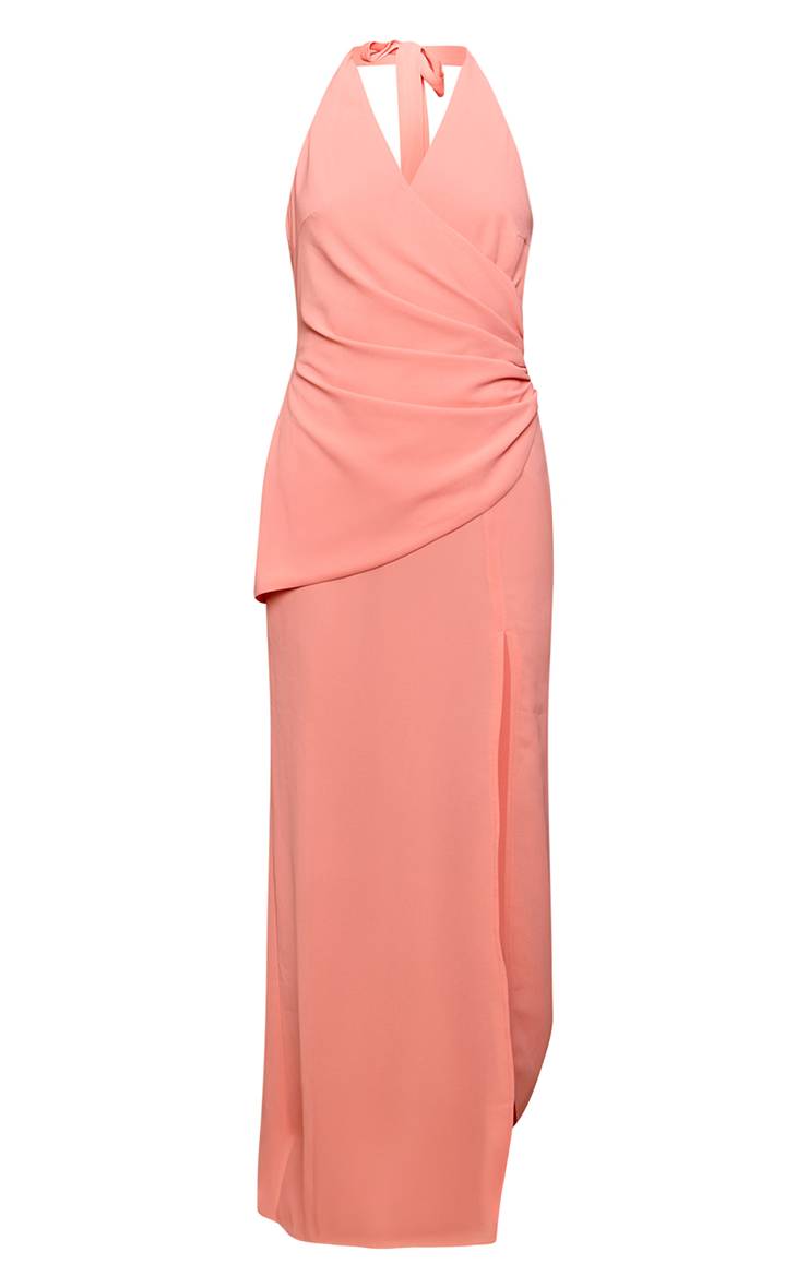 Pêche Robe Longue En Mousseline Col Licou Détail Drapé Et Fente Latérale