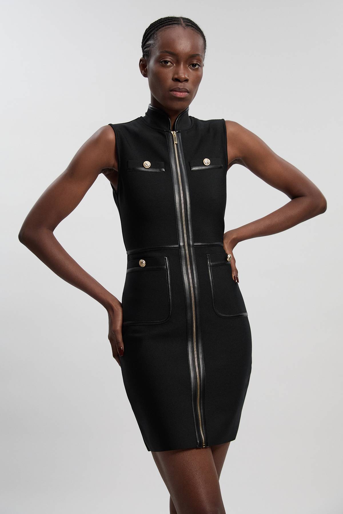 KarenMillen Robe Mini Bandage Militaire Sans Manches À Finitions SYNTHÉTIQUE