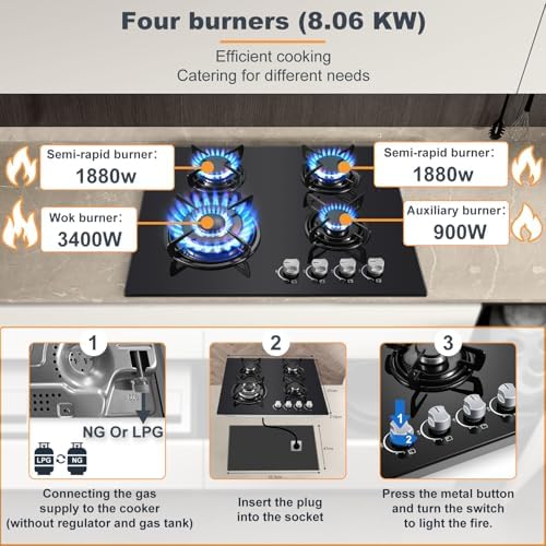 TopStrong Plaque de Cuisson Gaz 4 Feux, 60cm Plaque Gaz 4 Feux avec Sécurité Thermocouple, Cuisinière Encastrable, Naturel/Propane, 8060W, 220 240 V, Verre Noir : Gros électroménager