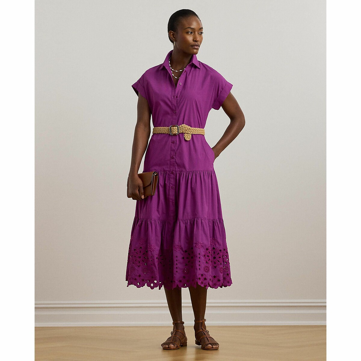 LAUREN RALPH LAUREN<br>Vestido midi com babados, mangas curtas, RALILA