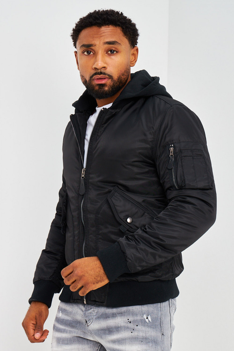 Bomber épais noir avec capuche noire en coton amovible