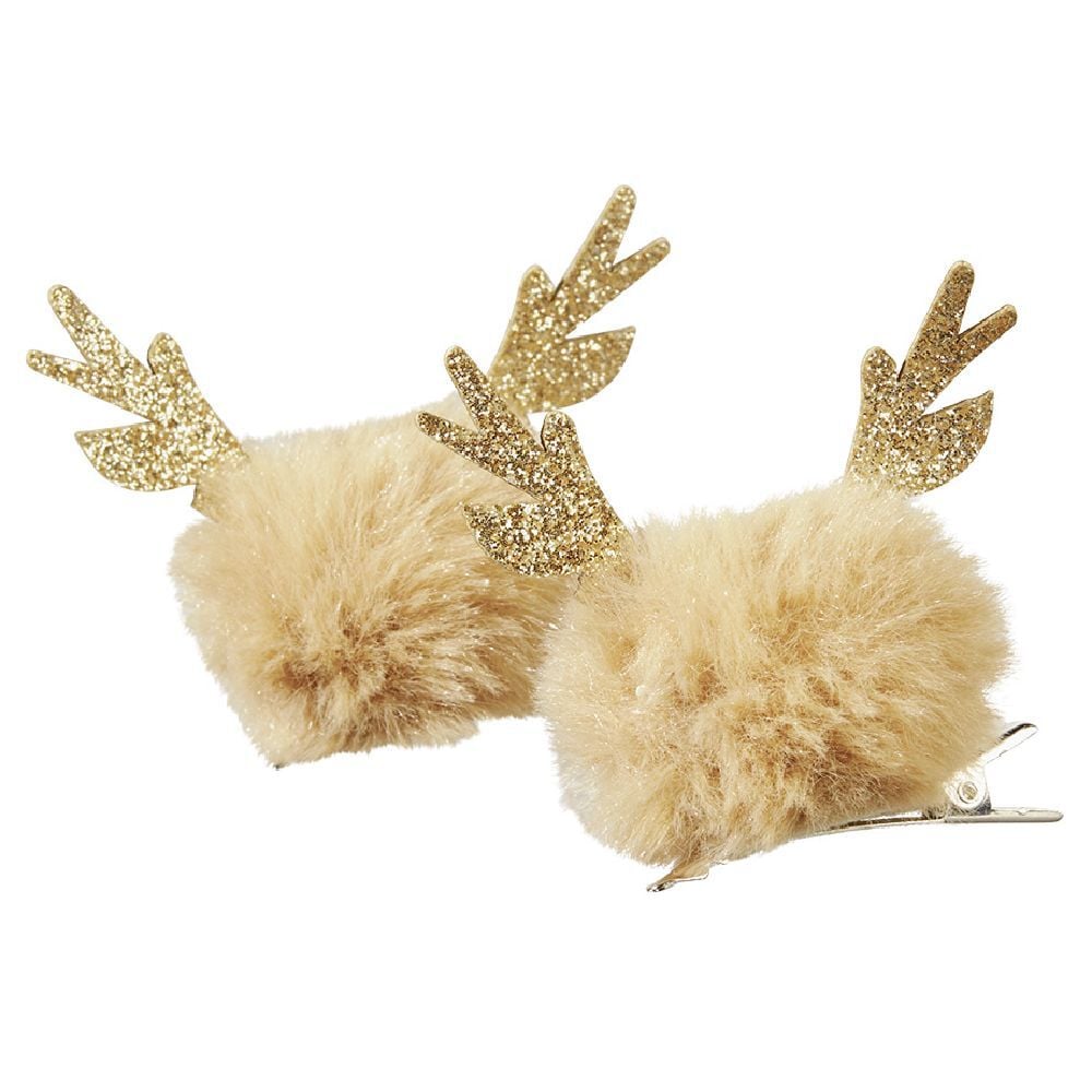 Barrette Noël pompom design renne doré x2