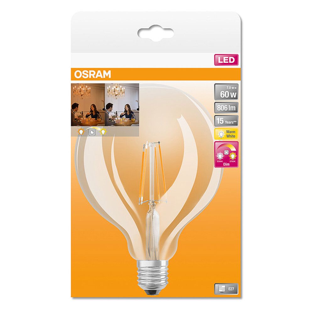 LYSPÆRE OSRAM LED GLOBE 60 E27 FIL GLOWDIM 806LM 7,0W