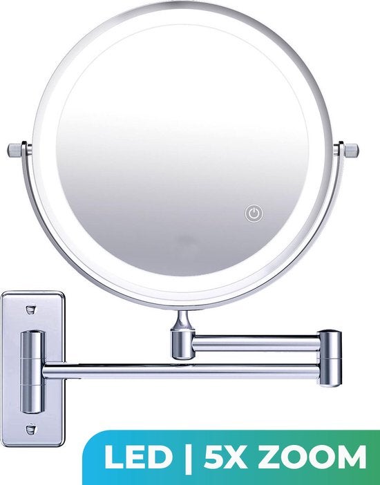 Mirlux cosmeticaspiegel met LED-verlichting, 5x vergroting, rond, 3 lichtstanden, chroom, werkt op batterijen
