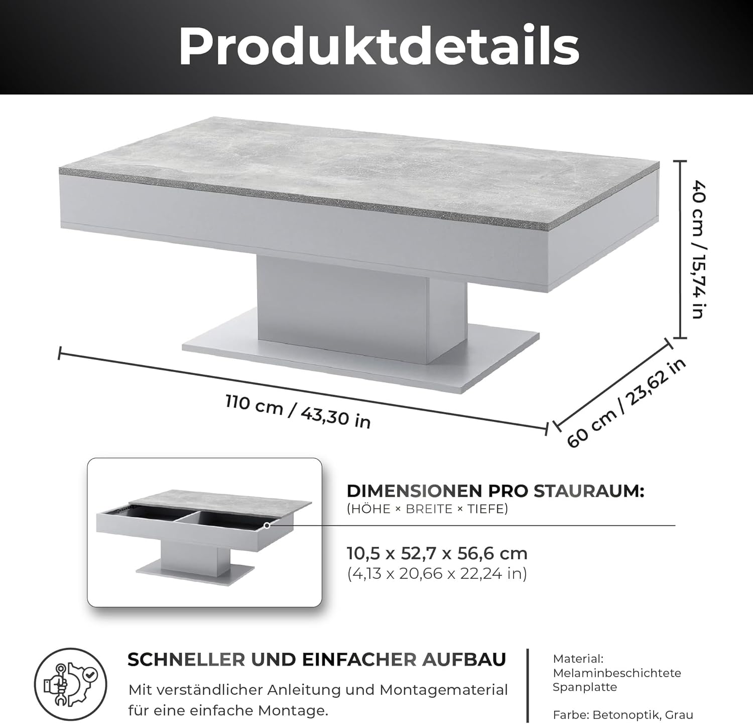 [en.casa] Couchtisch Lünen Wohnzimmertisch mit Stauraum Truhentisch Sofatisch mit ausziehbarer Tischplatte rechteckig 2 Staufächer 40 x 110 x 60 cm Betonoptik/Grau