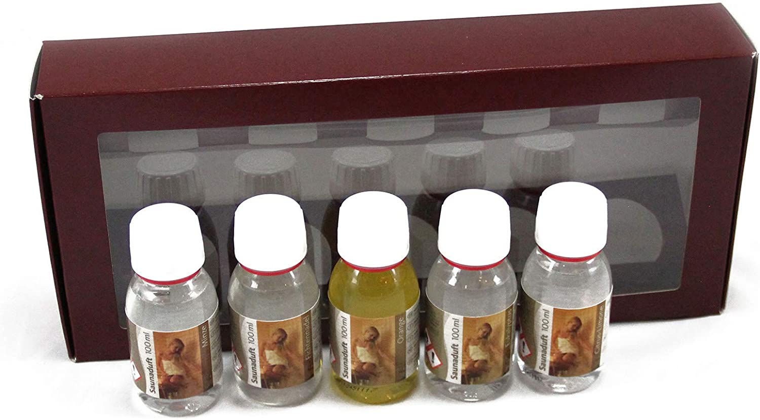 Karibu Saunaaufguss Konzentrat fünf Duftnoten Aufguss Geschenkpaket 5 Düfte mit je 100 ml Saunaaufgusskonzentrat