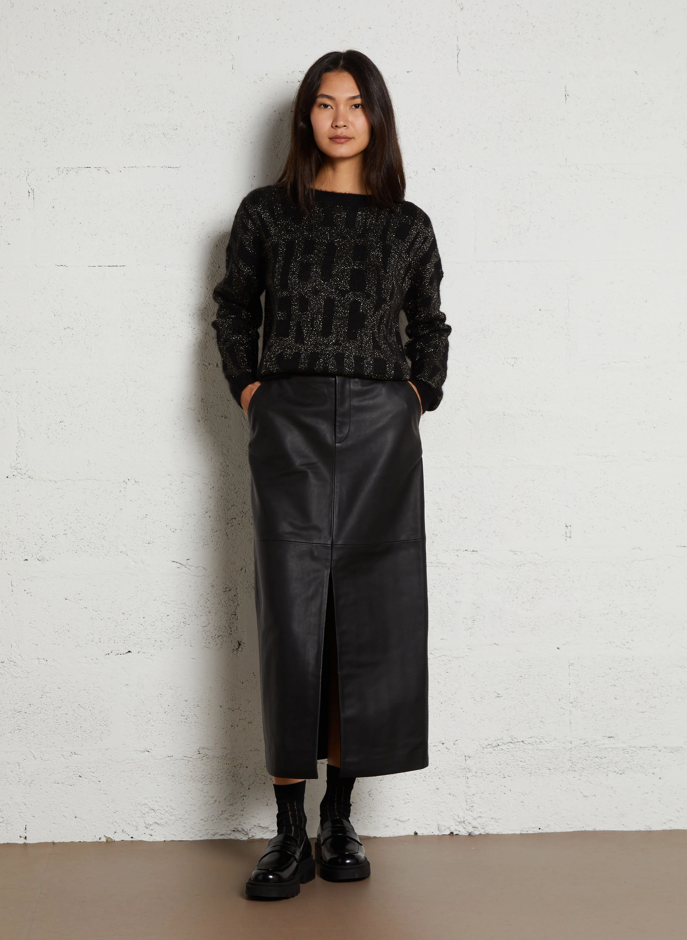 Pull ample col rond jacquard en maille métallisée | Noir