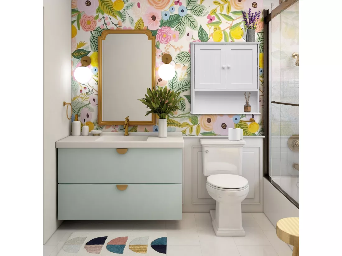 Armoire de salle de bain murale en Bois blanc 2 Portes et 1 étagère