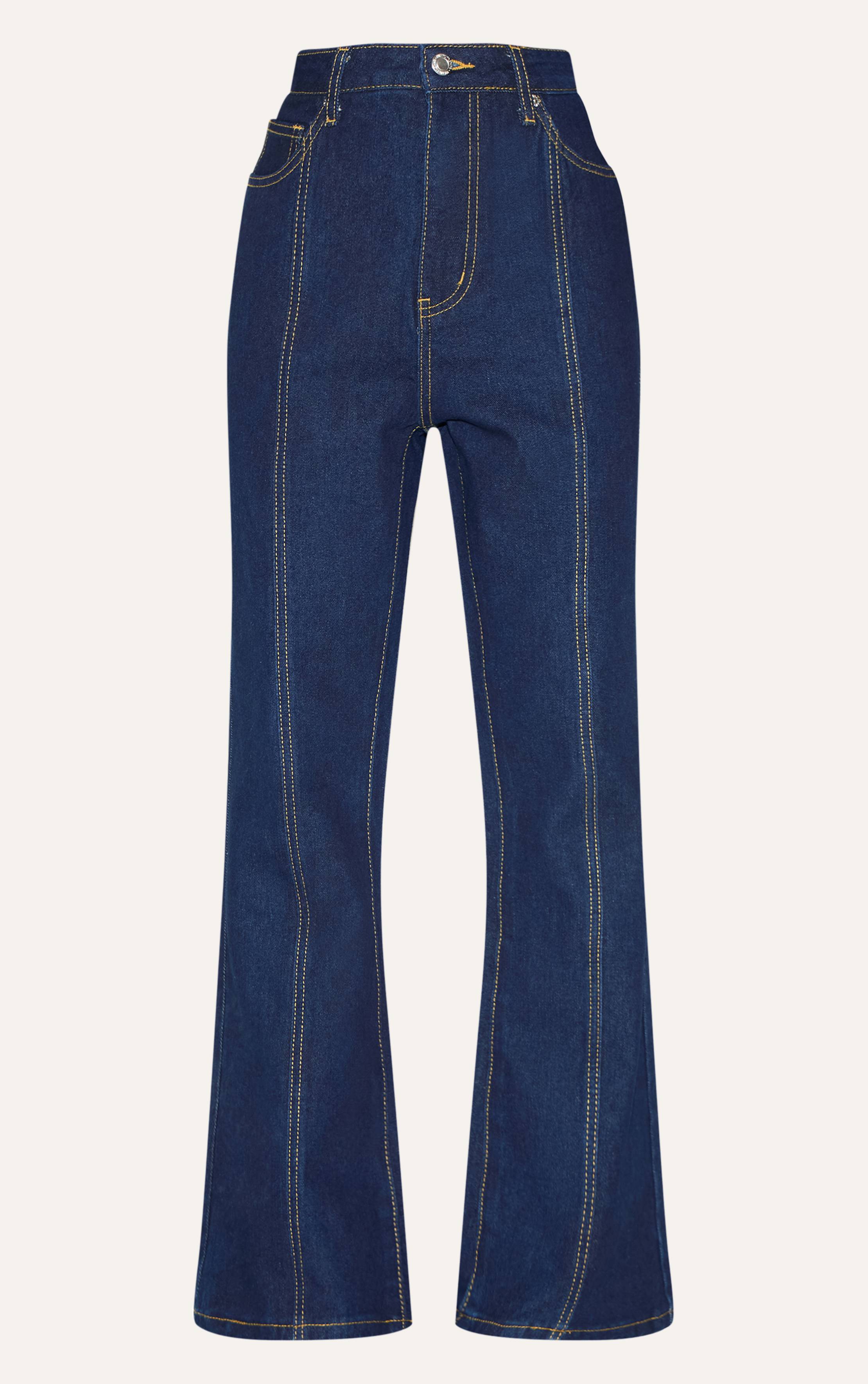 Bleu Indigo Foncé Jean Droit Petite À Coutures Contrastées