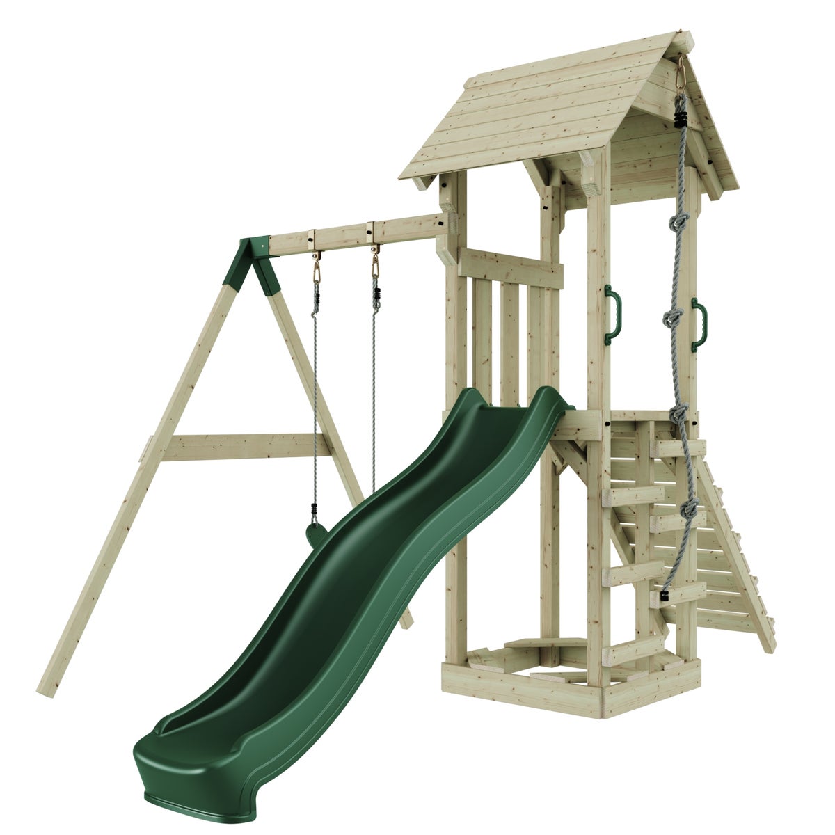 PolarPlay Göteborg houten speeltoren in het groen,