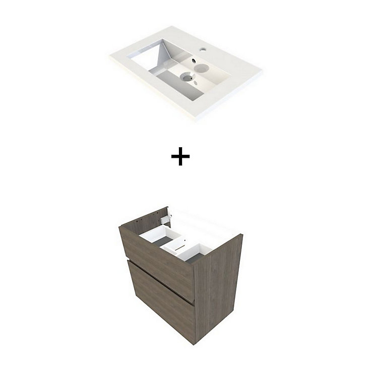 Meuble sous vasque faible profondeur Calao aspect chêne fumé 60 cm + plan vasque en résine