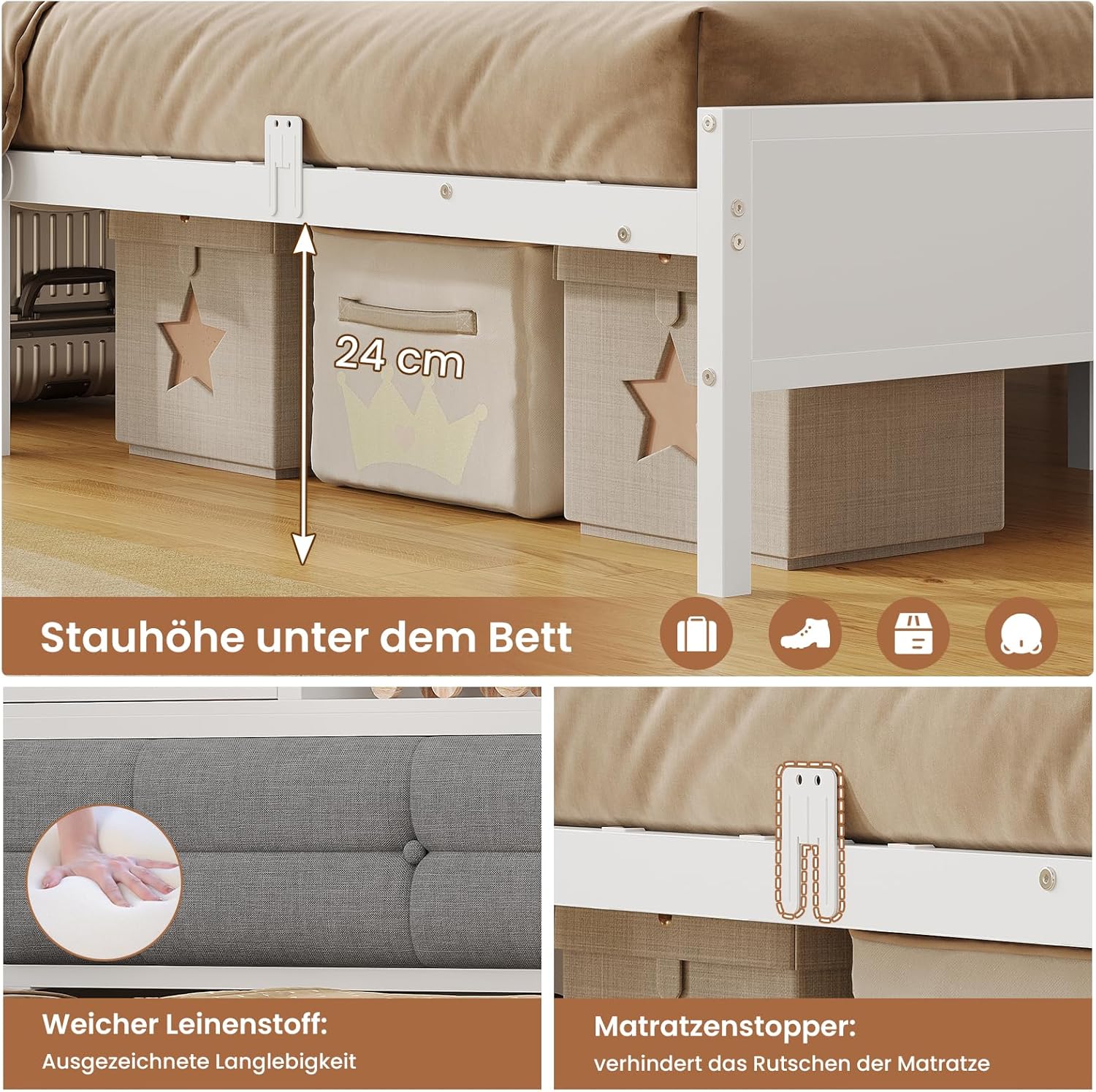 AOGLLATI Polsterbett Schlafsofa 140x200 mit 6 Staufächern Jugendbett 140x200 mit LED-Beleuchtung Tagesbett mit Steckdosen Gästebett Bettgestell mit Lattenrost aus Metall, Ohne Matratze (Weiß)