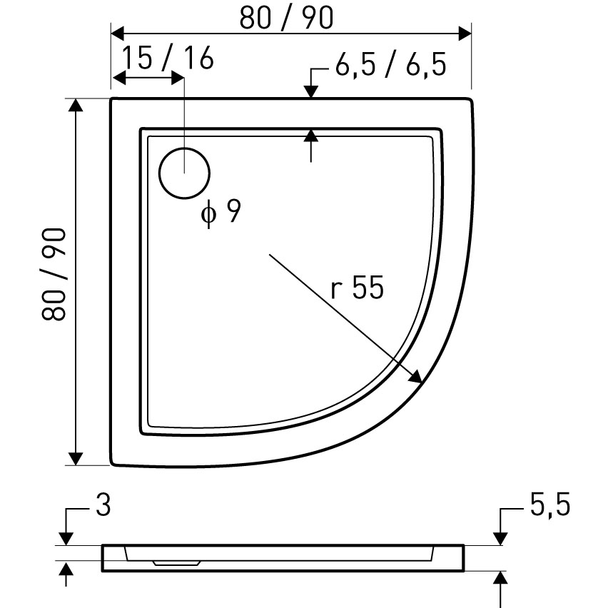 Kerra Aron douchebak kwartrond 90x90x5.5cm wit