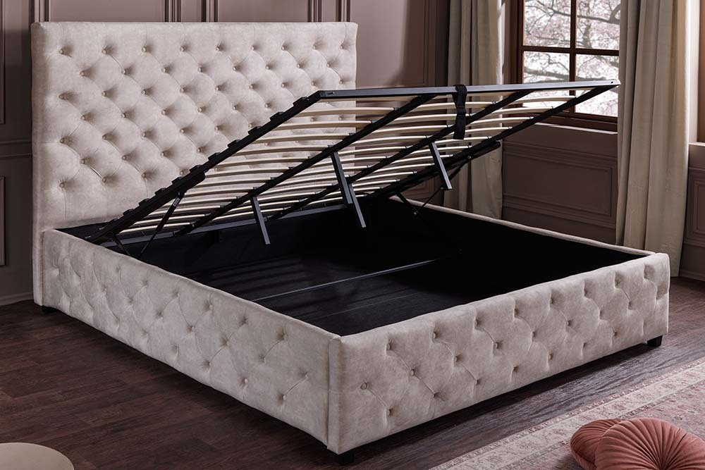 Design Boxbett PARIS 160x200cm champagner beige Samt mit Stauraum und Lattenrost
