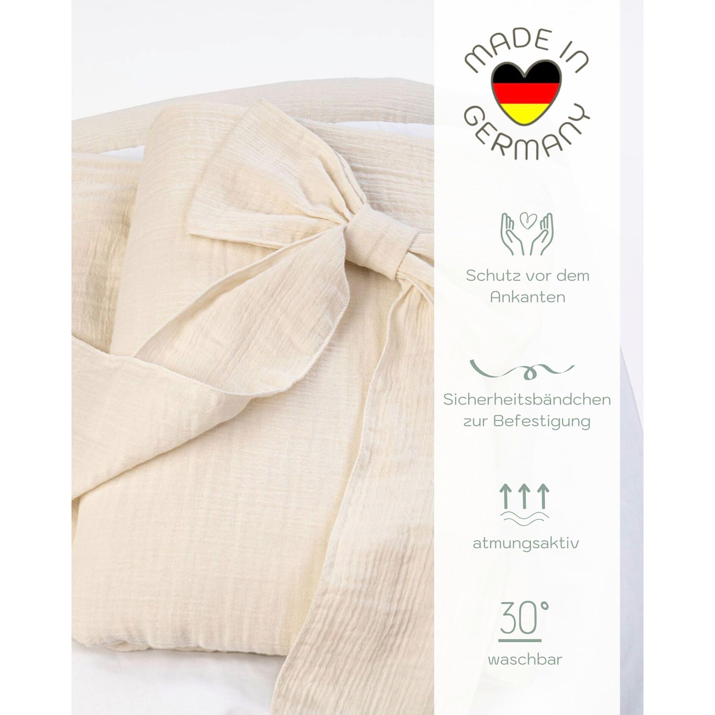 Mionido Textiles Set für Stubenwagen Musselin Uni Schleife creme