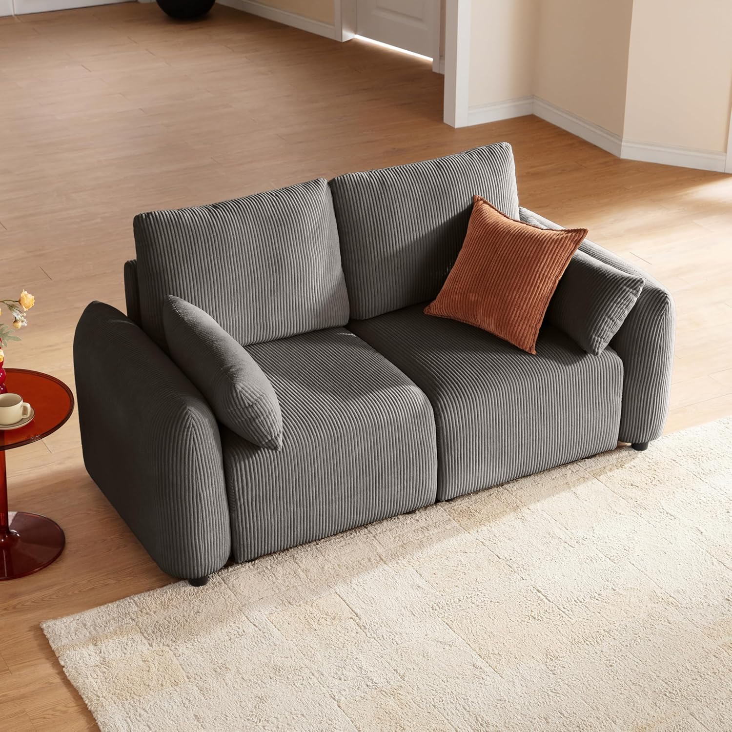2 Sitzer Cord Kleine Sofas für Kleine Räume, Modulares Ecksofa 184cm, Individuell konfigurierbare Wohnlandschaft, hochdichter Memory-Schaum, abnehmbare & waschbare Kissenbezüge, Grau
