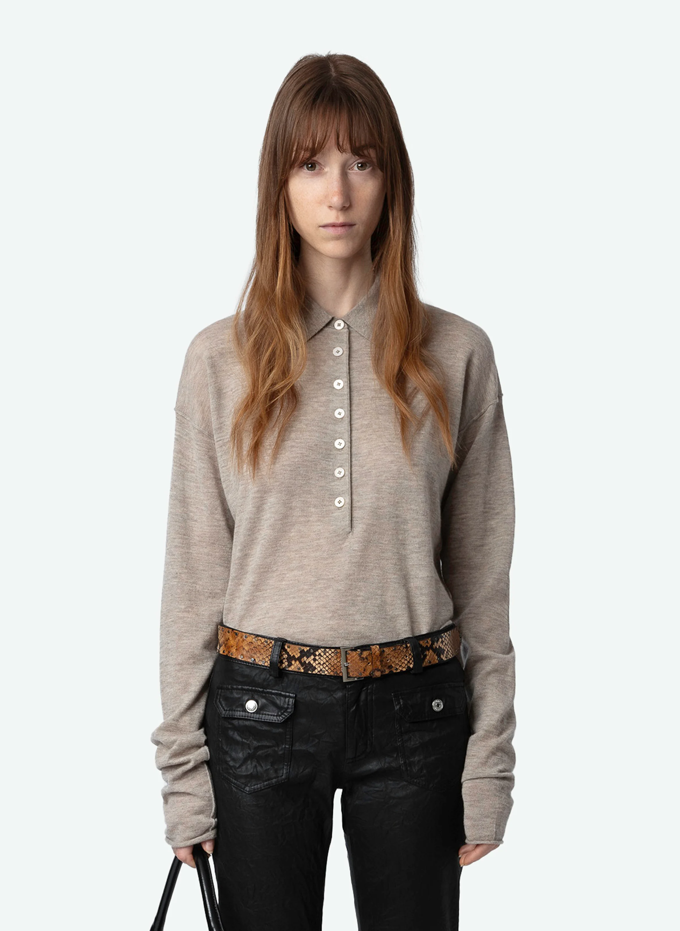 MARLY - Pull droit col polo en cachemire | Beige