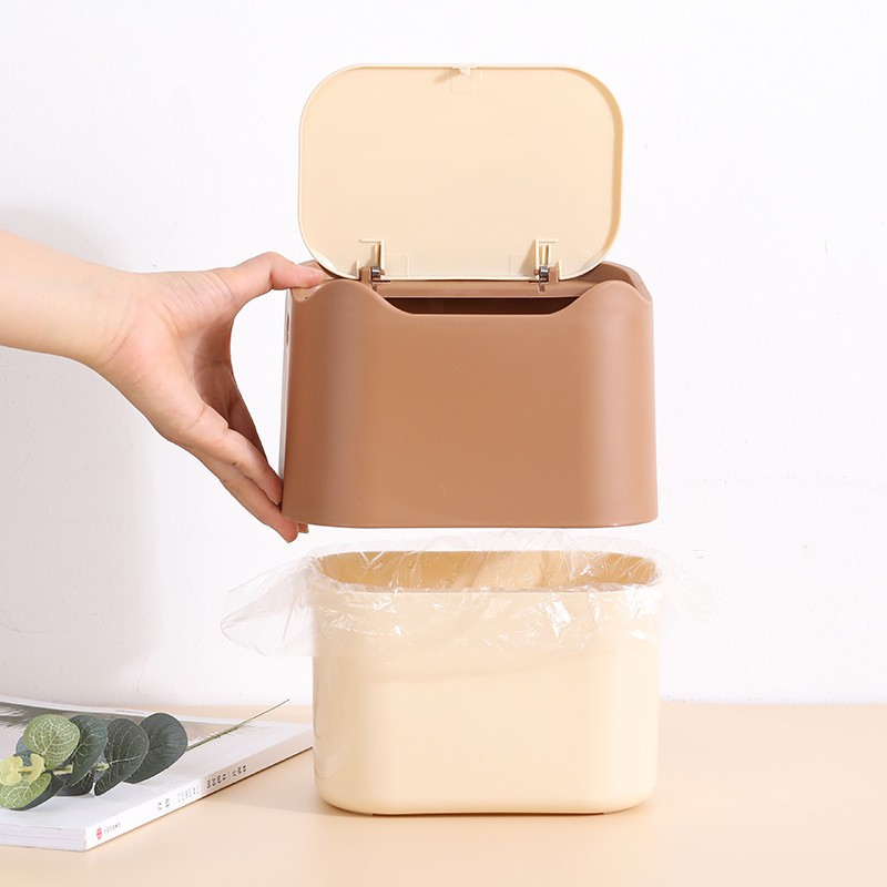 (1.7l) Mini Katzenstreu Eimer Müll Behälter Katzenklo Sand Abfallkübel mit Press Deckel - Beige / Braun