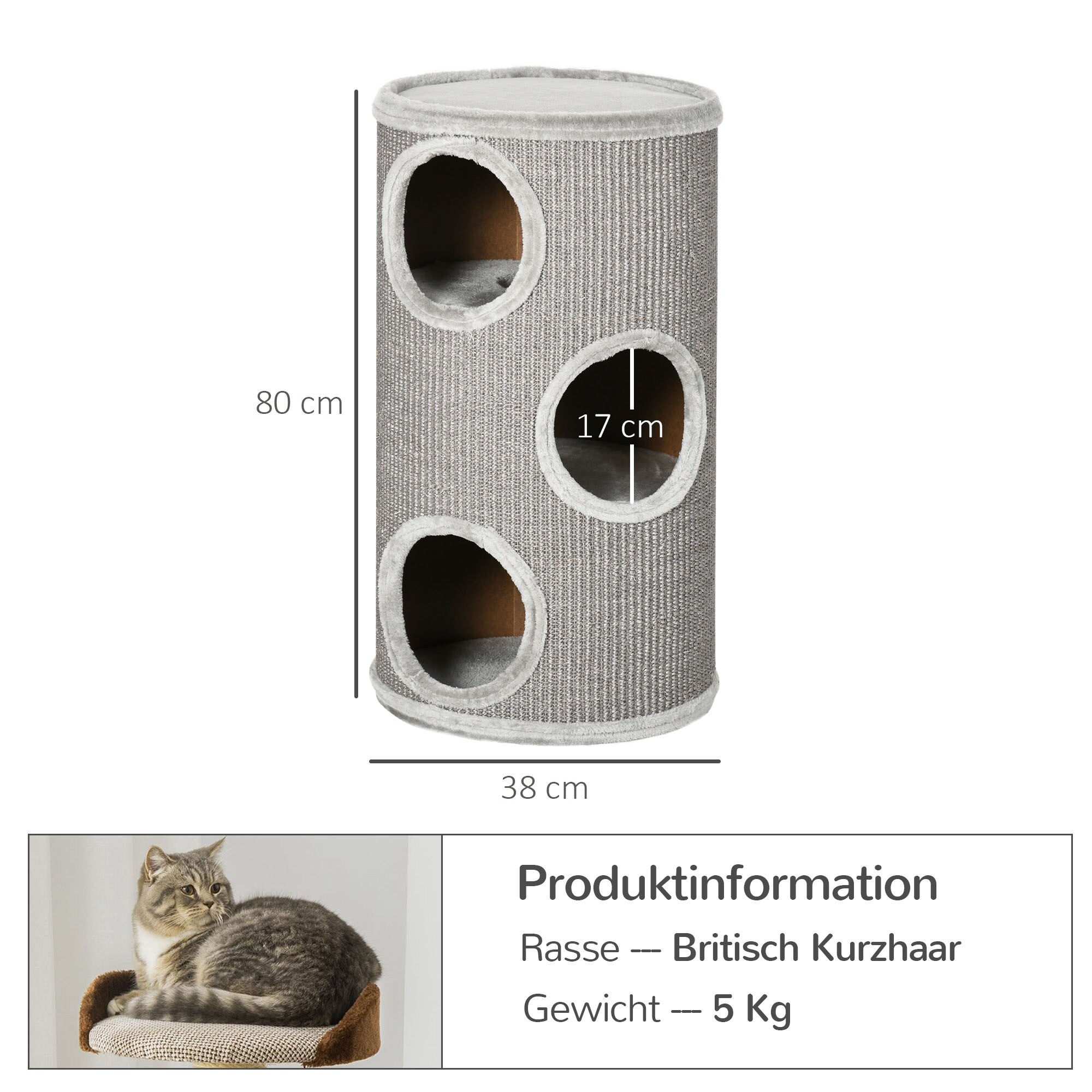 PawHut Kratztonne mit 3 Höhlen grau 38L x 38B x 70H cm