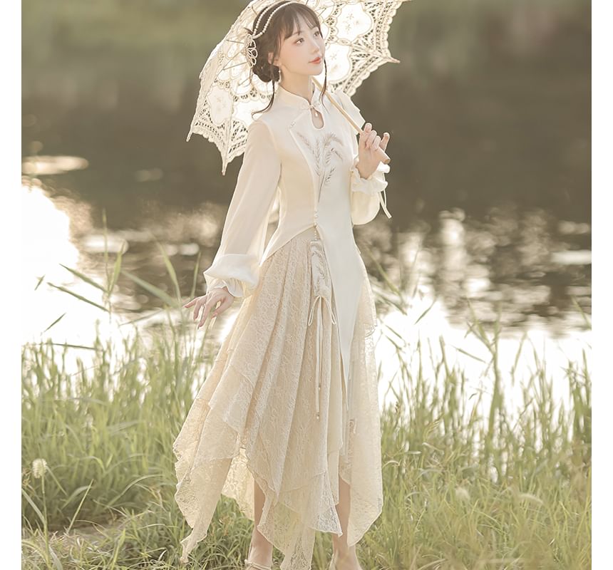 GOGO Girl - Hanfu blouse met lange mouwen en borduurwerk / Midi A-lijn rok met kant en middelhoge taille / Set