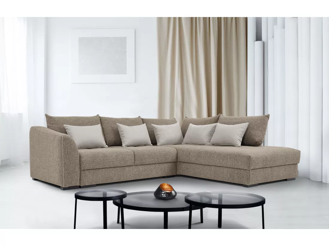 Canapé d'angle droit 5 places convertible tissu marron clair - Elbe