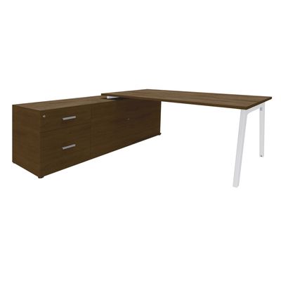 Bureau STEELY Manager - L180 x P100 x H72,5 cm - console retour à gauche (2 tiroirs) L200 x P60 x H72,5 cm - pieds blanc - plateau imitation noyer