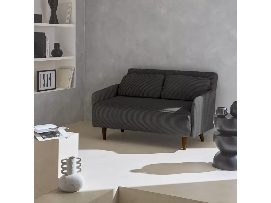 Canapé convertible en velours côtelé - Panam - 2 places scandinave. pieds bois foncé. gris foncé. banquette. dossier inclinable