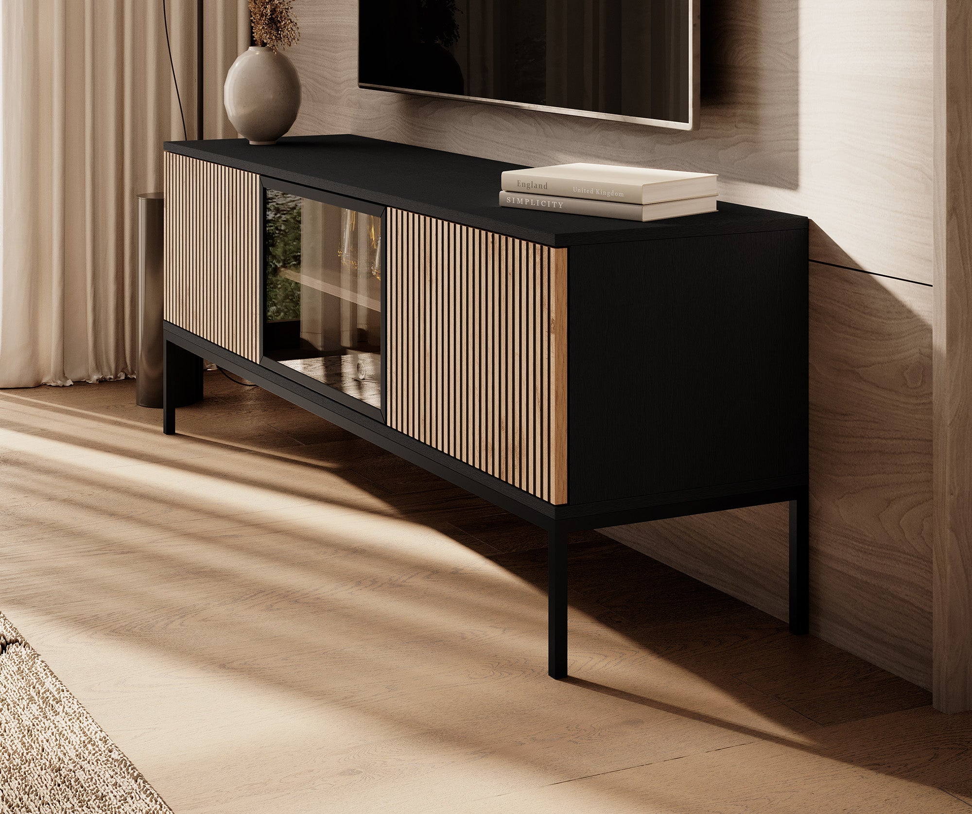 Meubella - TV-Meubel Legend - Mat zwart - Eiken - 154 cm