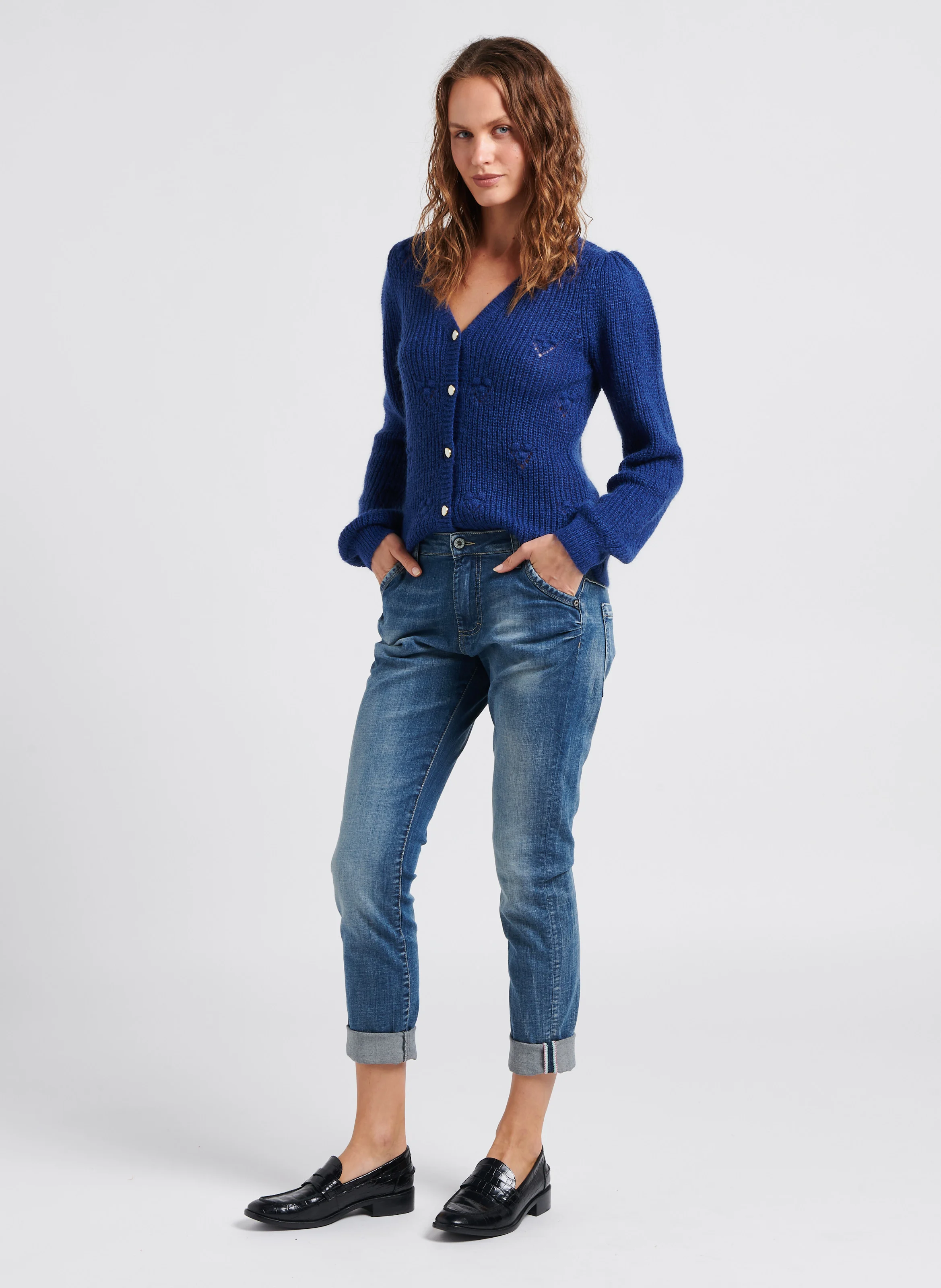 Jean droit délavé en coton| Bleu