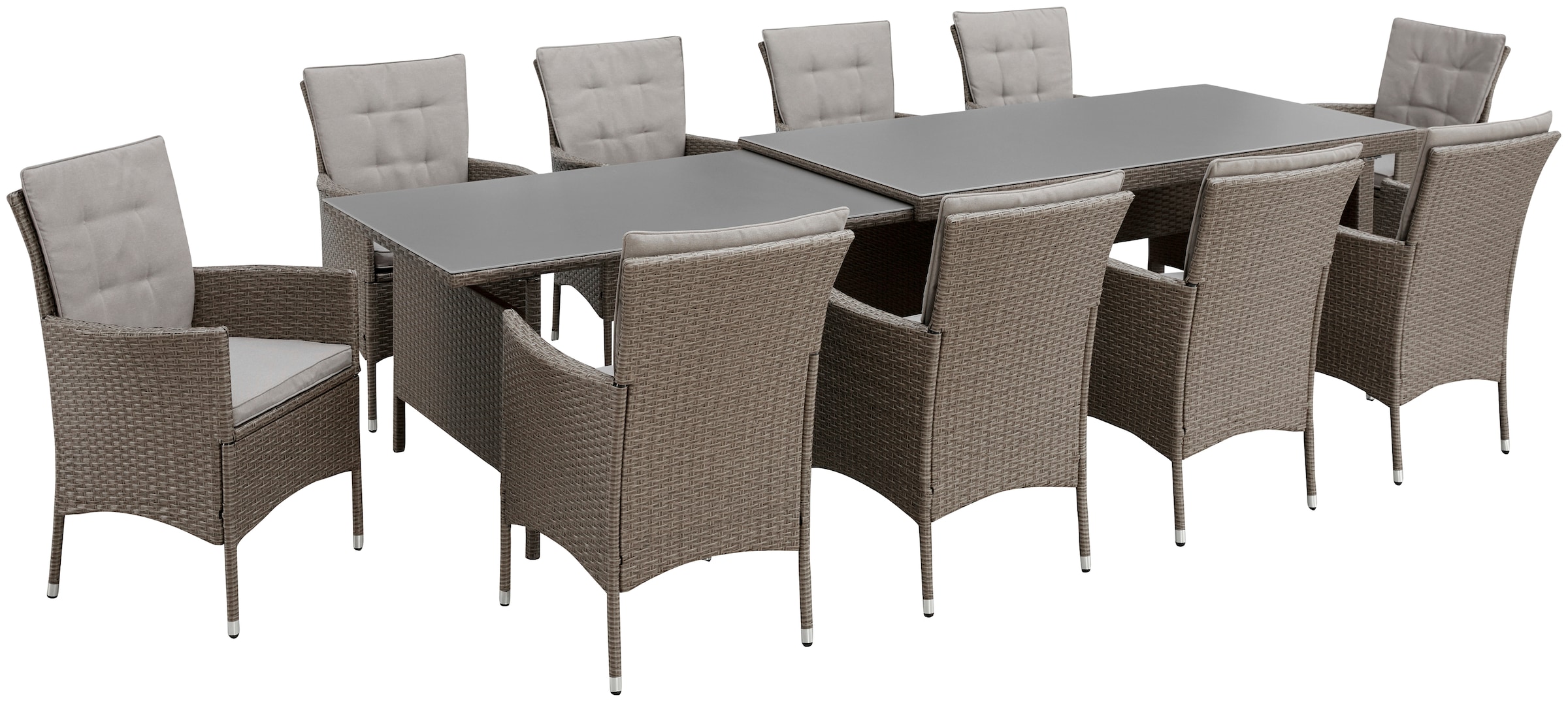 KONIFERA Garten-Essgruppe »Mailand« Set, 10x Sessel, 1x AZ-Tisch 179-302 cm, inkl. Auflagen, 31 Stk. tlg. Polyrattan, Stahl, Braun